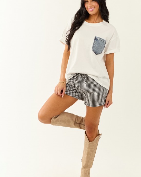 Off White Cotton Tee with Contrast Denim Pocket Off White Cotton Tee with Contrast Denim Pocket