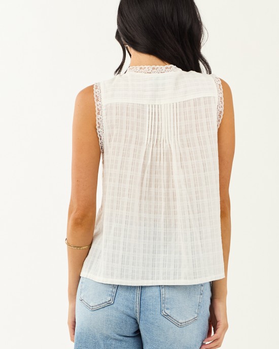Off White Lace V Neck Cotton Tank Top