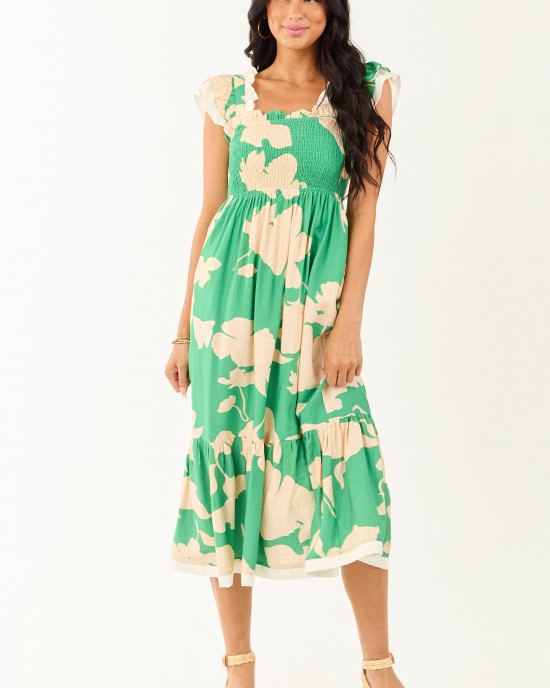 Kelly Green and Cream Floral Print Smocked Midi Dress Kelly Green and Cream Floral Print Smocked Midi Dress
