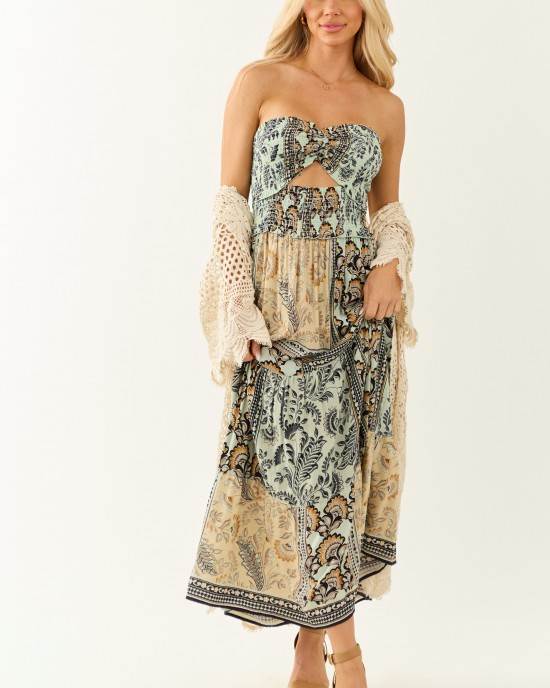 Almond Abstract Print Strapless Smocked Maxi Dress