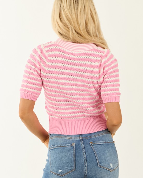 Bubblegum and Ivory Striped Half Sleeve Cardigan
