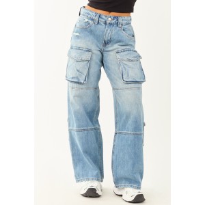 Cello Medium Wash High Rise Distressed Cargo Jeans
