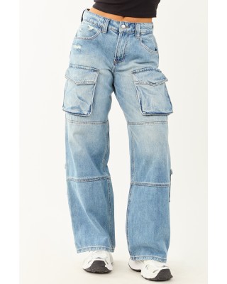 Cello Medium Wash High Rise Distressed Cargo Jeans