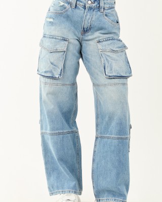 Cello Medium Wash High Rise Distressed Cargo Jeans
