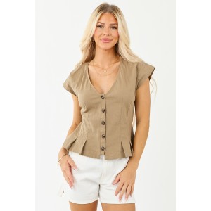 Light Coffee Pleated Hem Button Up Cap Sleeve Top