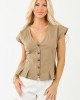 Light Coffee Pleated Hem Button Up Cap Sleeve Top Light Coffee Pleated Hem Button Up Cap Sleeve Top