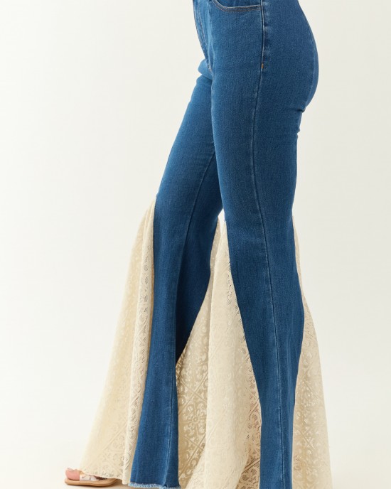 Medium Wash Super Flare Lace Hem Stretchy Jeans Medium Wash Super Flare Lace Hem Stretchy Jeans