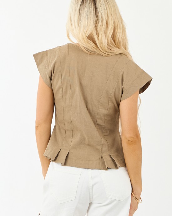 Light Coffee Pleated Hem Button Up Cap Sleeve Top Light Coffee Pleated Hem Button Up Cap Sleeve Top