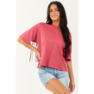 Marsala Half Sleeve Cotton Back Fringe Top