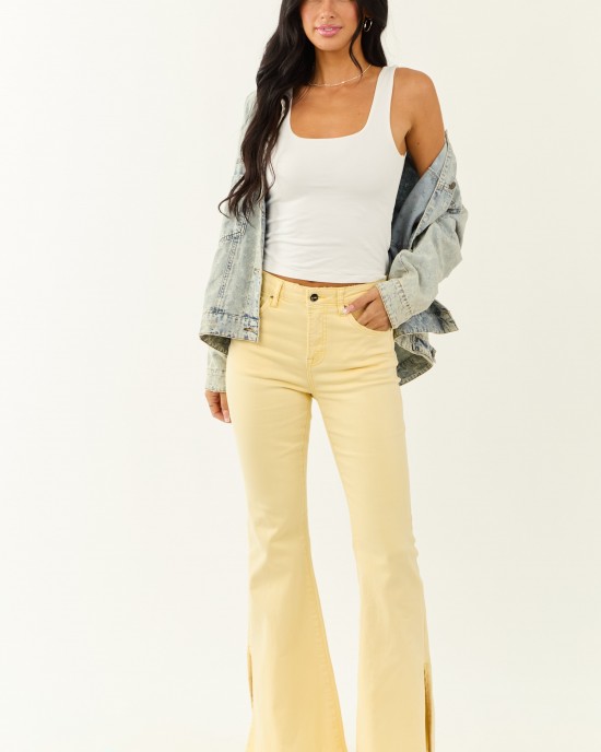 Risen Buttercream Side Slit Stretchy Flare Jeans
