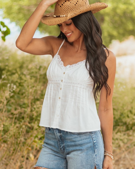 Off White V Neck Lace Trim Button Down Tank Top