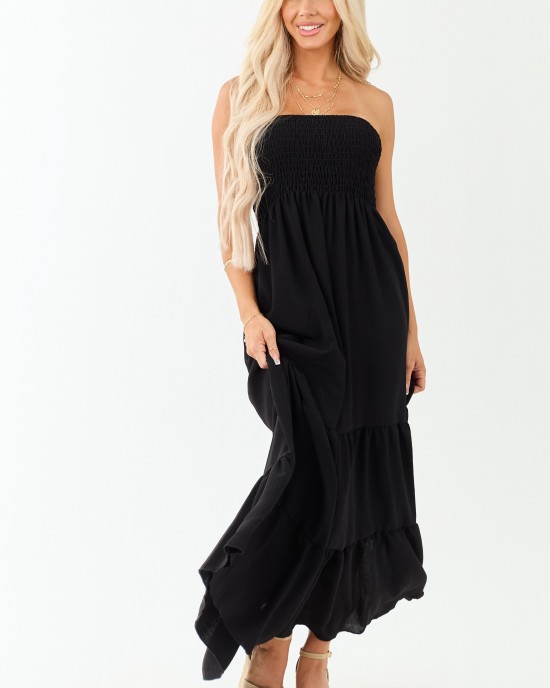 Black Smocked Tiered Strapless Maxi Dress
