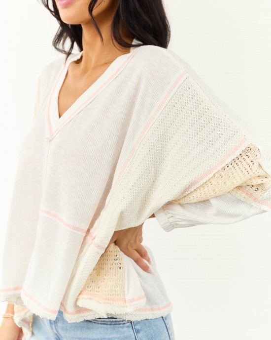POL Off White and Cream Contrast Knit Relaxed Top