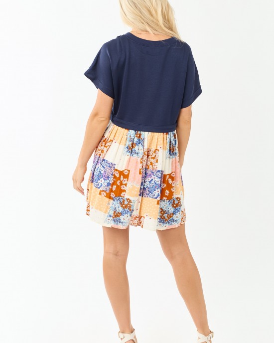 Navy Patchwork Skirt Contrast Knit Mini Dress