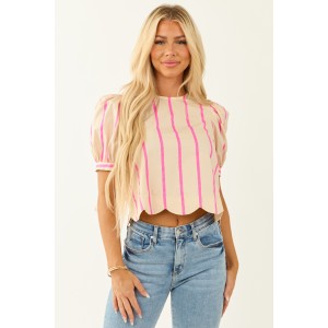 Entro Cream Striped Half Puff Sleeve Cotton Top