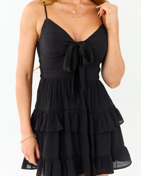 Black Bust Tie Sleeveless Tiered Ruffle Mini Dress