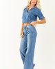 Risen Medium Wash Denim V Neck Short Sleeve Top