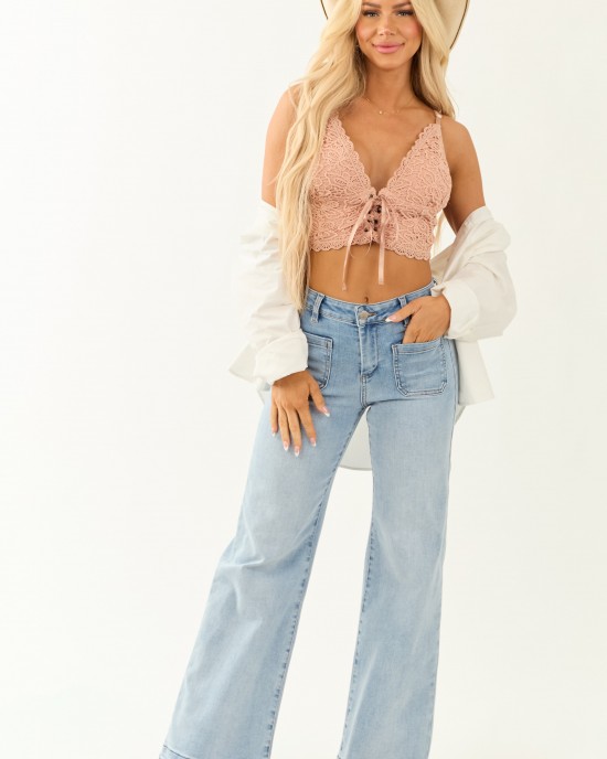 Risen Light Wash Stretchy Ombre Hem Wide Leg Jeans Risen Light Wash Stretchy Ombre Hem Wide Leg Jeans