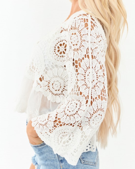 POL Off White Open Crochet Long Sleeve Cotton Top
