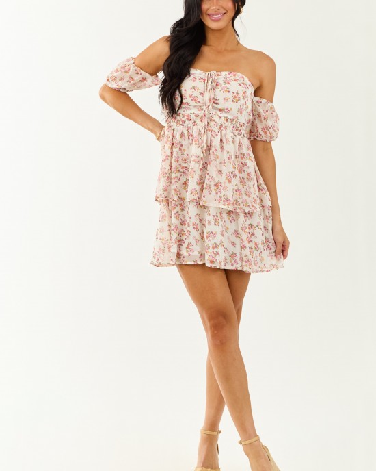 Ivory Floral Print Off the Shoulder Mini Dress
