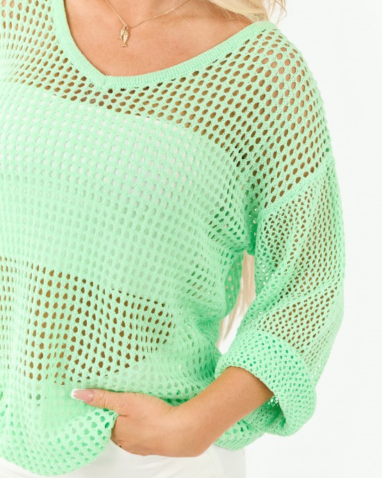Mint Open Crochet V Neck Long Sleeve Top
