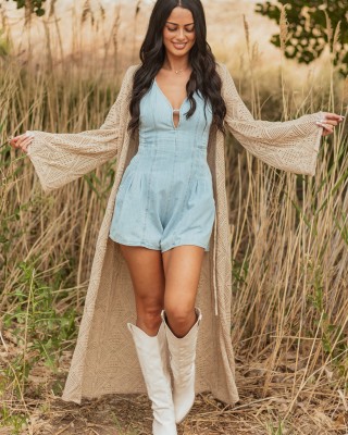 Almond Tie Front Flare Sleeve Knit Duster Cardigan