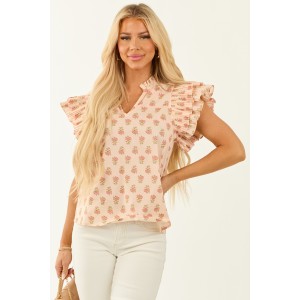 Entro Tea Rose Floral Print Ruffle Cap Sleeve Blouse