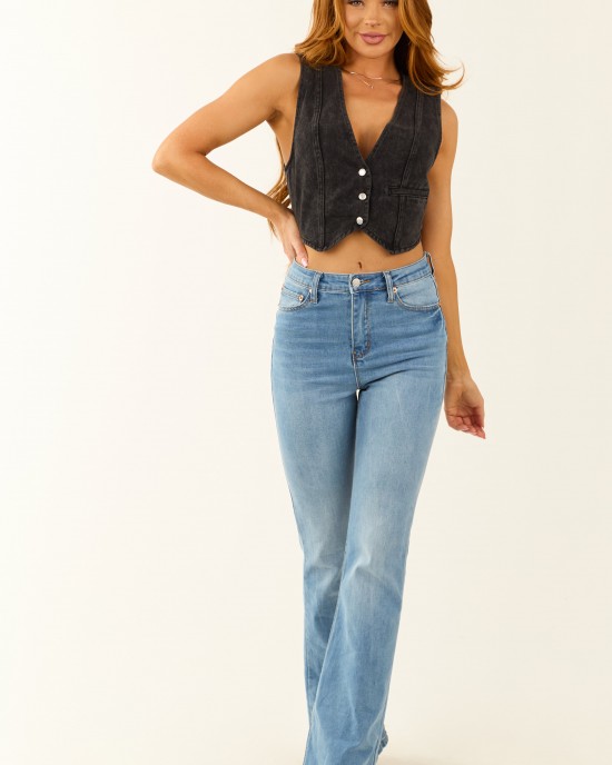 Black Vintage Denim Button Up Vest