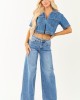Risen Medium Wash Denim V Neck Short Sleeve Top