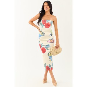Cream Fruit and Floral Print Strapless Midi Dress