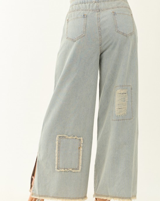POL Powder Blue Railroad Stripe Wide Patchwork Pants POL Powder Blue Railroad Stripe Wide Patchwork Pants