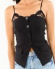 Black Button Down Front Slit Lace Cami Top