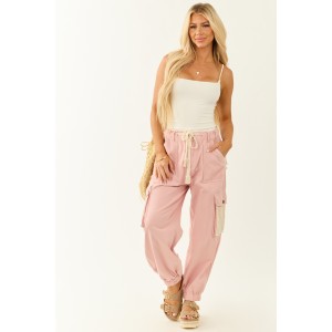 POL Dusty Blush Denim Crochet Detail Joggers