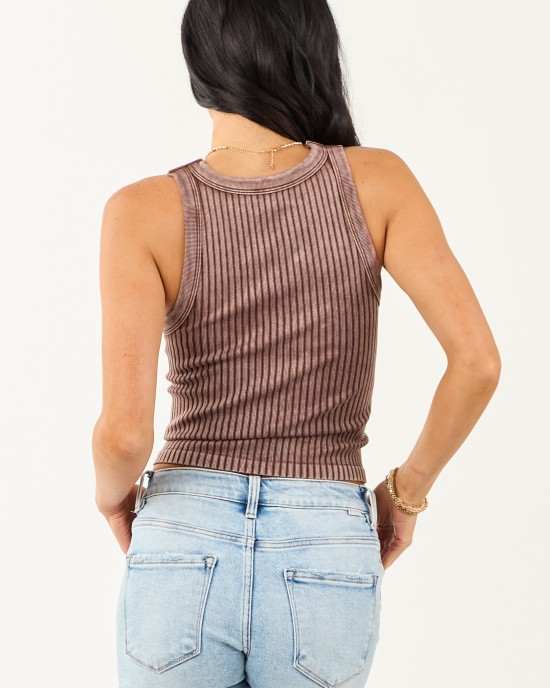 Mocha Ribbed Stretchy Knit Washed Tank Top Mocha Ribbed Stretchy Knit Washed Tank Top