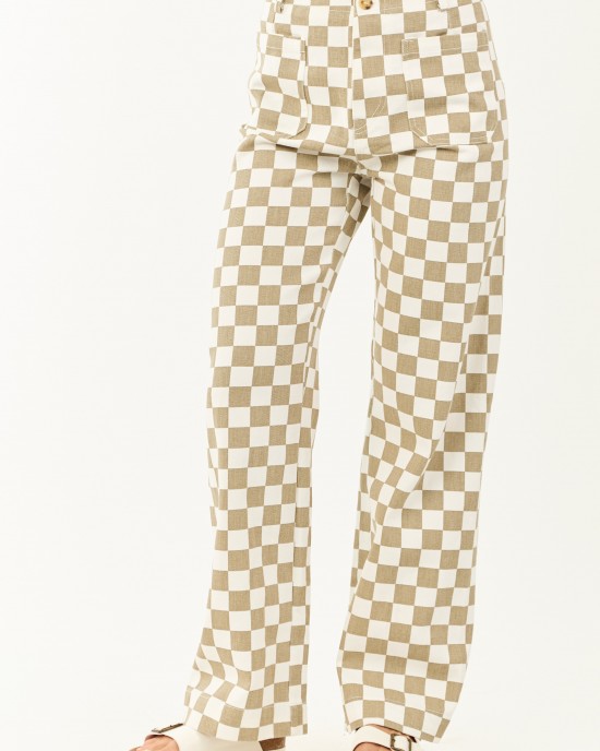 Olive and Ivory Checkered Denim Wide Leg Pants
