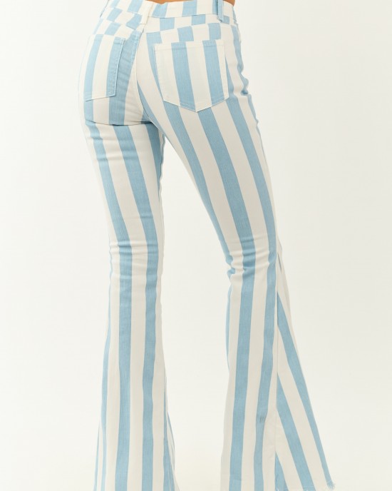 Powder Blue Striped Stretchy High Rise Flare Jeans Powder Blue Striped Stretchy High Rise Flare Jeans