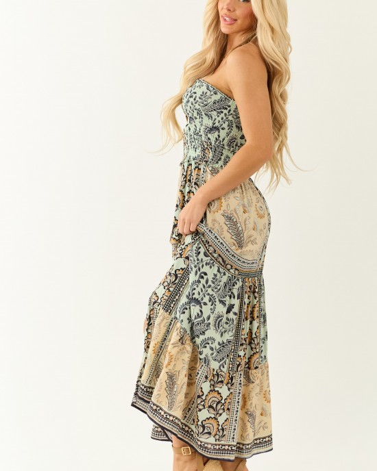 Almond Abstract Print Strapless Smocked Maxi Dress