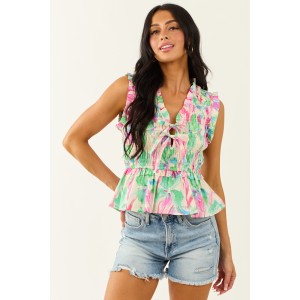 Entro Multicolor Abstract Cotton Smocked Tank Top