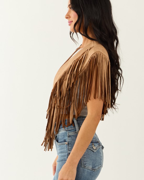 Brown Sugar Faux Suede Collared Fringe Shawl