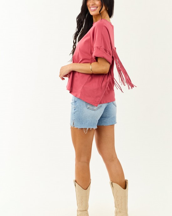 Marsala Half Sleeve Cotton Back Fringe Top