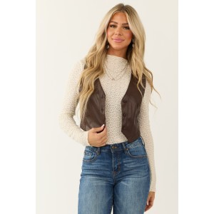 Sepia Faux Leather Button Up Cropped Vest