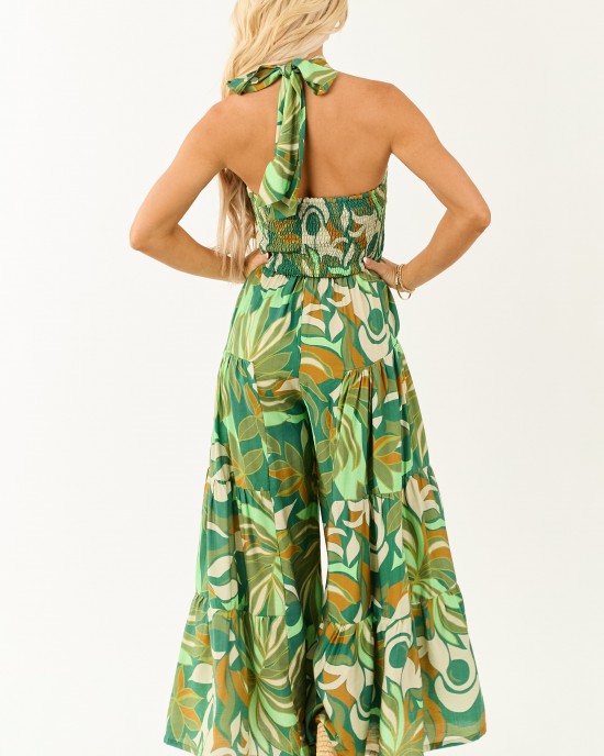 Kiwi Tropical Print Halter Front Tie Jumpsuit Kiwi Tropical Print Halter Front Tie Jumpsuit
