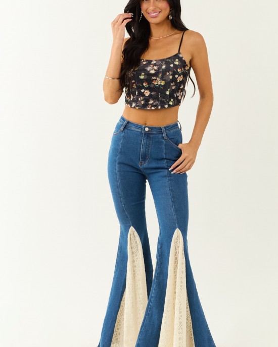 Medium Wash Super Flare Lace Hem Stretchy Jeans Medium Wash Super Flare Lace Hem Stretchy Jeans