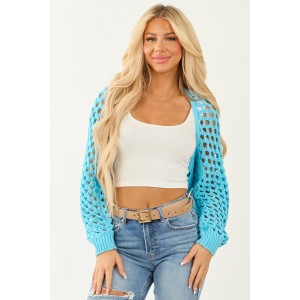 Baby Blue Open Knit Long Sleeve Shrug Cardigan