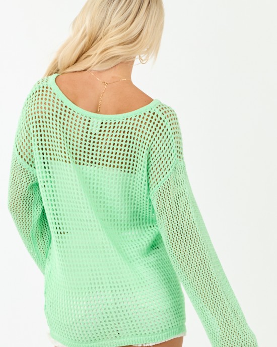 Mint Open Crochet V Neck Long Sleeve Top