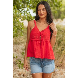 Cherry Knit Front Tie Eyelet Cotton Tank Top
