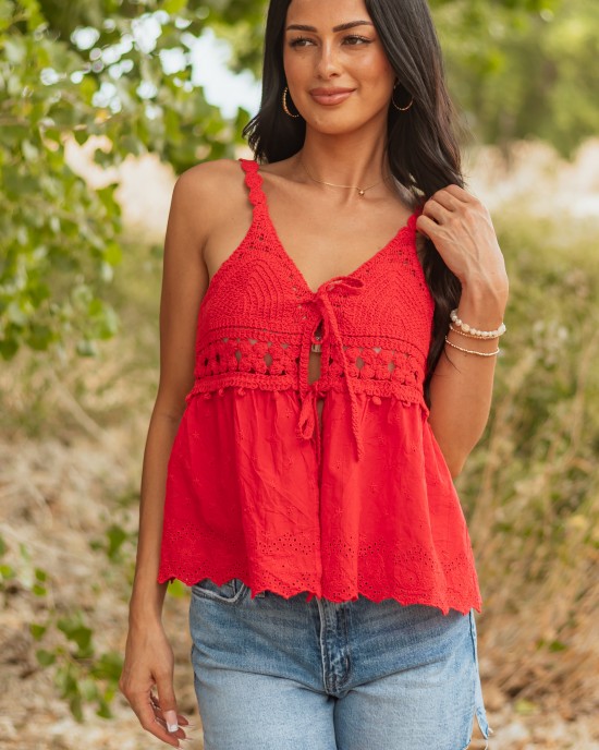 Cherry Knit Front Tie Eyelet Cotton Tank Top