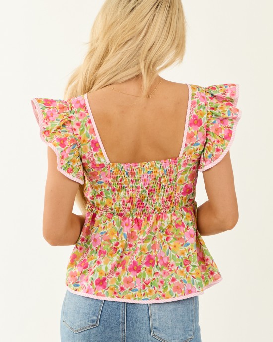Punch Floral Print Sweetheart Neck Cap Sleeve Top