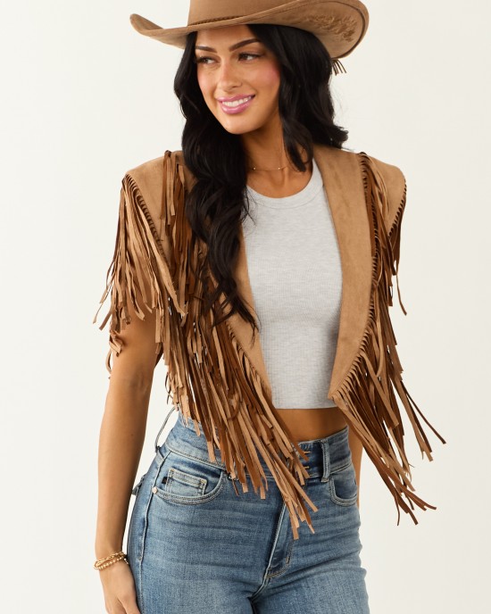 Brown Sugar Faux Suede Collared Fringe Shawl