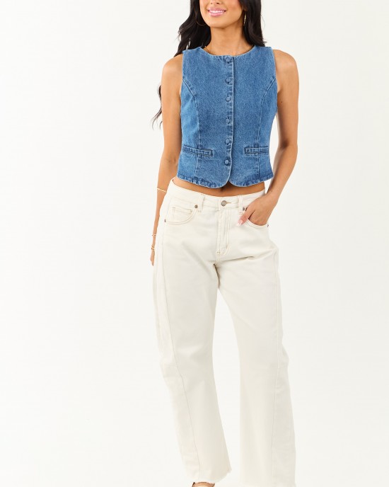 Medium Wash Princess Seam Button Up Denim Vest